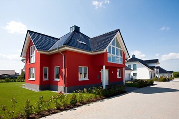 Modern Red and White Suburban Houses with Green Lawns and Blue Sky