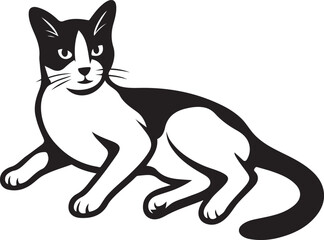 Reclining bicolor cat silhouette, Resting feline black and white art