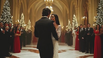 A bride and groom slow dance at their elegant holiday wedding reception - Powered by Adobe