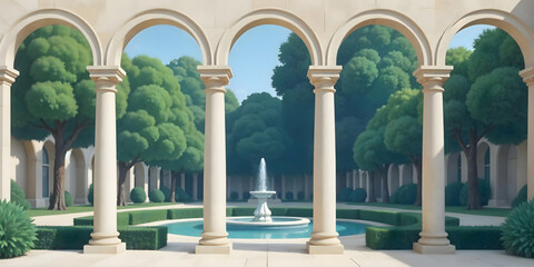 Fototapeta premium Roman-inspired ancient garden vector with ornate fountain, pond, columns, arches, and lush botanical landscape in classical wall art style 