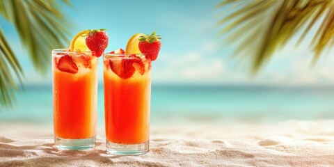 The vibrant tropical cocktails garnished with strawberries and lemons on the beach.
