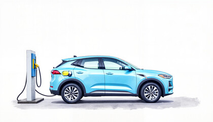 Naklejka premium Side view shows a light blue electric car plugged into a charging station, ideal to promote eco friendly transportation and sustainable energy solutions with copy space.