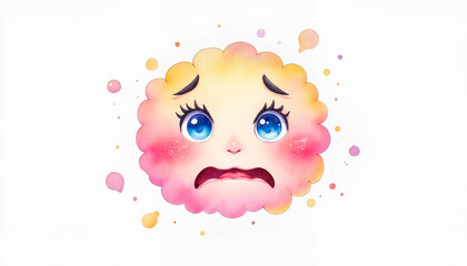 Distressed face with furrowed brows and tears is depicted in this watercolor, used to illustrate worry or fear on social media, with copy space.