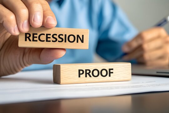 Hand holding wooden blocks with recession proof message concept