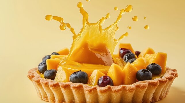 Mango sauce splashing onto a fresh fruit tart, its vibrant yellow hue adding tropical vibrancy to the pastry, isolated on light yellow background,