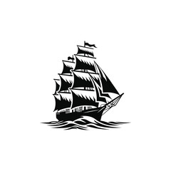 Silhouette of a sailing ship with billowing sails, clean bold lines, minimal vector style, isolated on white background