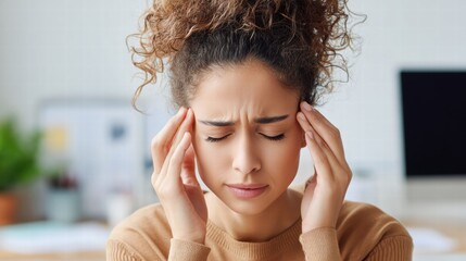 Fototapeta premium Woman with a headache, rubbing her temples and looking stressed