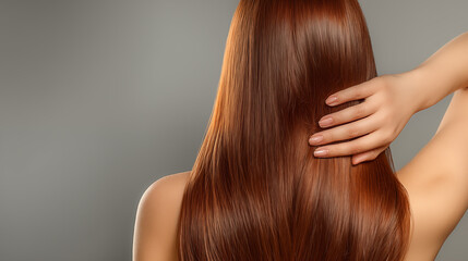 Fototapeta premium Close-up of a woman’s smooth, silky straight brown hair seen from the back, hand gently touching the hair, minimal grey background