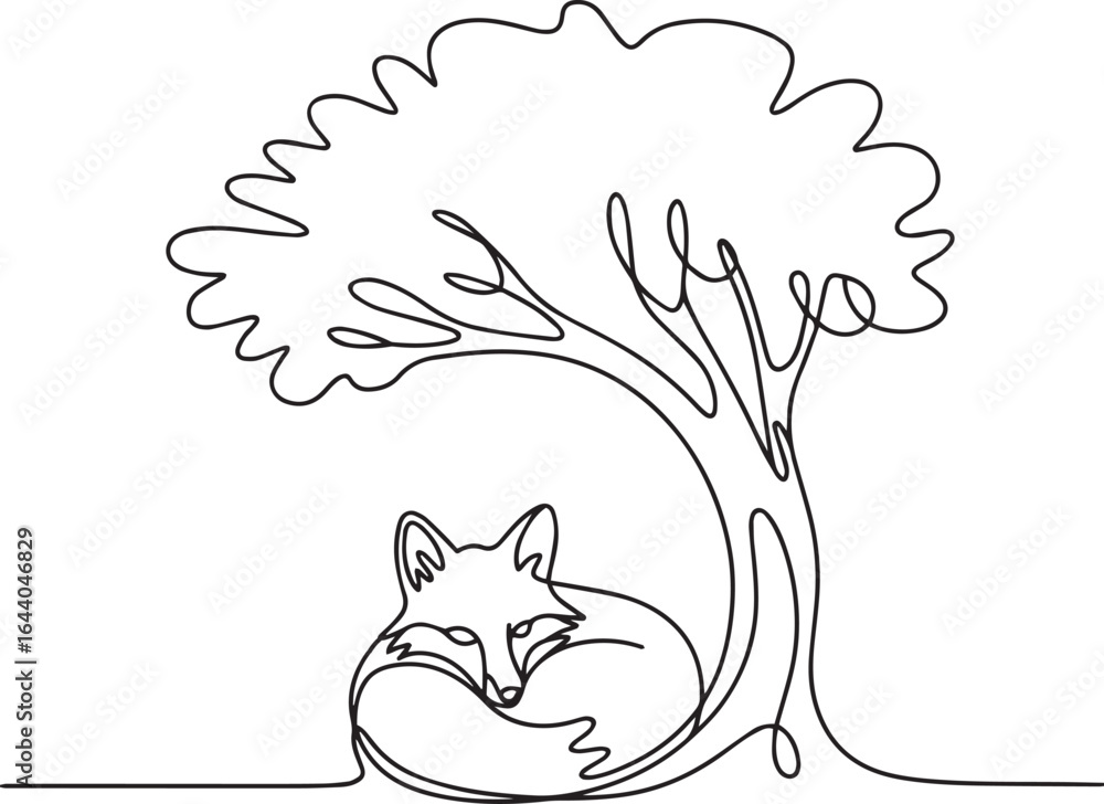 Poster continuous single line drawing of a fox curled up under a tree, minimalist one line art in black on 
