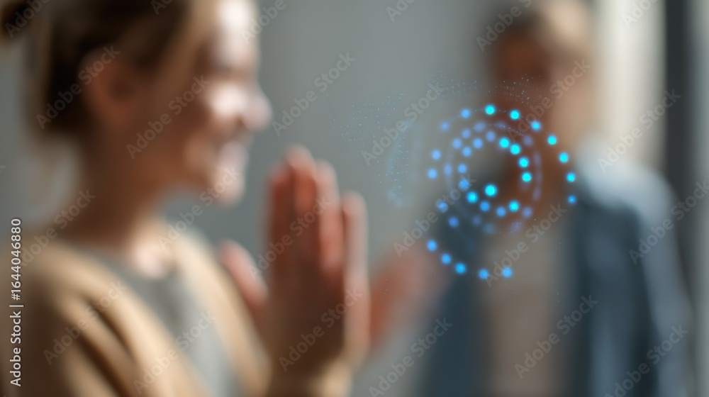 Aufkleber focused medium shot on a digital mirror interface displaying peaceful dialogue prompts while heated 