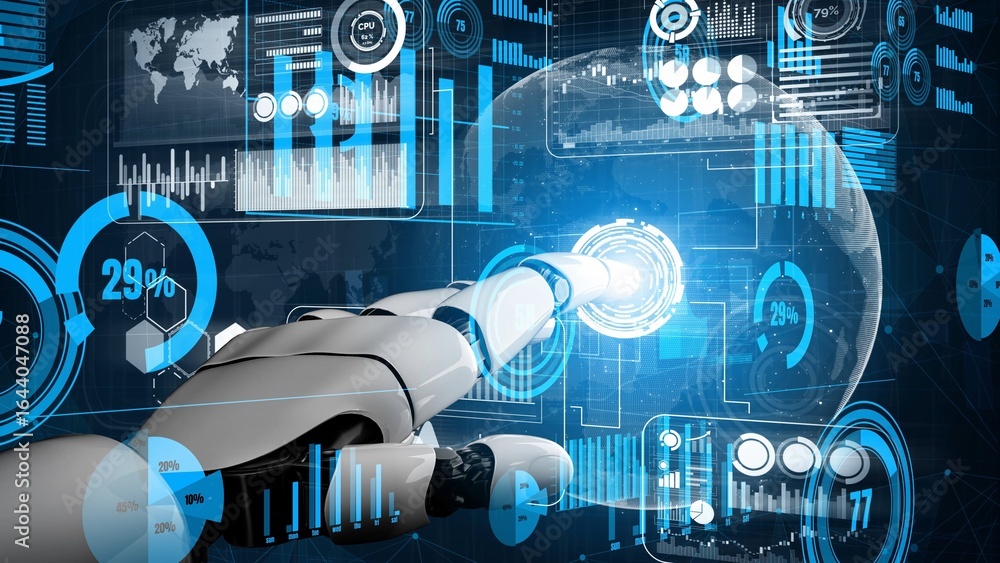 Poster a futuristic robotic hand interacts with a vibrant digital interface, showcasing various data analyt