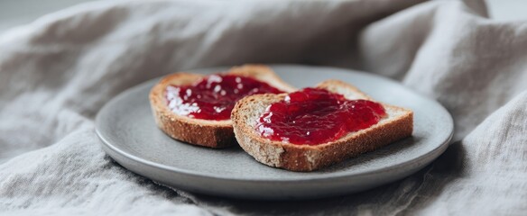 The delicious toast with jam served on a rustic plate.
