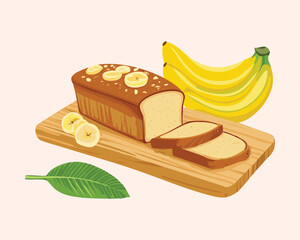 Slices of Banana Bread on a Board with Whole Bananas - Vector Illustration