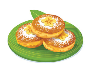 Fluffy golden pancakes on a banana leaf with fresh sliced bananas and sugar - Vector Illustration