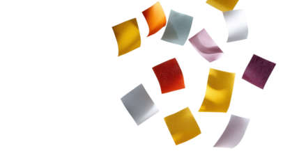 Colorful Paper Pieces Floating Midair on transparent background