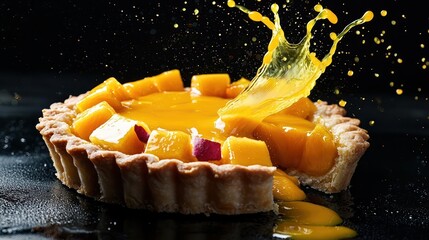 Mango sauce splashing onto a fresh fruit tart, its vibrant yellow hue adding tropical vibrancy to the pastry, isolated on black background,