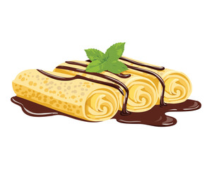 Rolled Crepes with Chocolate Drizzle and Mint - Vector Illustration