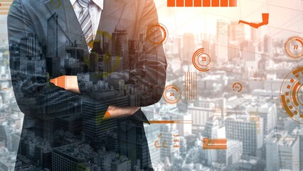 A professional businessman stands confidently in a suit overlooking a vibrant cityscape, with data visualizations and financial graphs symbolizing analytical insights and growth. Xenic