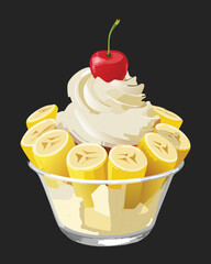 A Glass of Banana Pudding with Cherry Topping - Vector Illustration