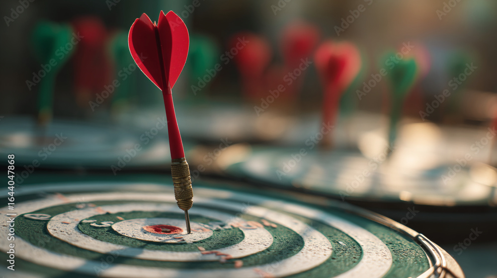 Poster close up of a red dart hitting the bullseye on a dartboard with other darts in the background