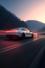 Fototapeta premium Sleek vehicle speeds through winding mountain road at sunset, illuminated by vibrant red tail lights.
