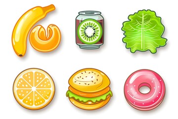 Bright, Fun Food Icons:  Banana, Orange, Kiwi Soda, Lettuce, Burger, Donut; Cartoon Style.