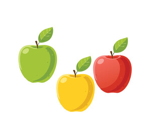A Trio of Apples, Green, Yellow, and Red, on a White Background - Vector Illustration