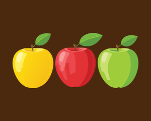 Three Fresh Apples with Different Colors on a Brown Backdrop - Vector Illustration