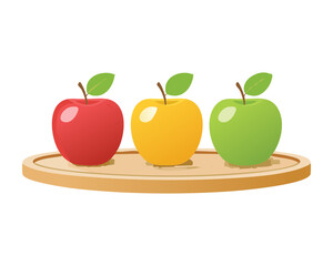 Fresh Apples, Red, Yellow, and Green, on a Wooden Platter - Vector Illustration