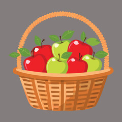 A Wicker Basket Full of Fresh Red and Green Apples - Vector Illustration