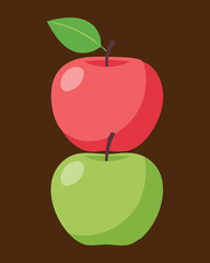 Two Fresh Apples, a Red on a Green, Stacked Together - Vector Illustration