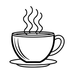 A simple brown vector icon of a hot coffee mug with steam rising from a saucer