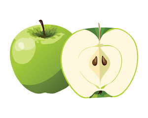 Whole Green Apple and a Halved One Showing Inner Details - Vector Illustration