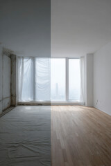 Obraz premium Renovation comparison: before and after shots show a room's transformation from unfinished to complete.