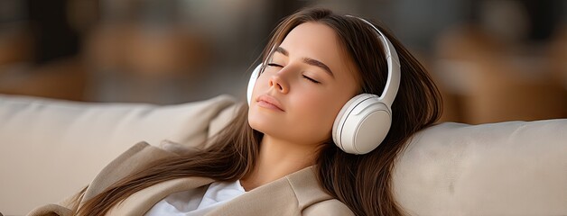 Relaxation during music listening in a cozy indoor setting with soft lighting and comfortable seating