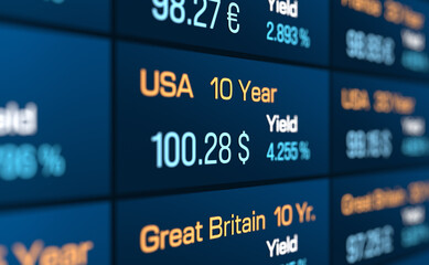 Close up government bond yields and prices of United States, US treasuries. Financial  markets, investment, debt, analyzing, market data. 3D illustration