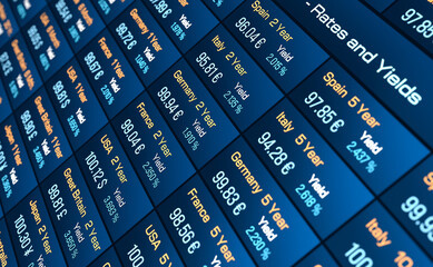 Fototapeta premium Close up screen with government bond market yields and prices of Italy, Spain, Germany. Financial markets, investment, debt, analyzing, data.