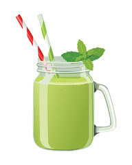 Refreshing Green Smoothie in a Mason Jar with Straw and Mint - Vector Illustration