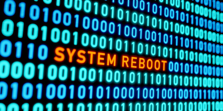 System reboot, warning sign. Binary code, omputer, data, network problems, technology, internet. 3D illustration