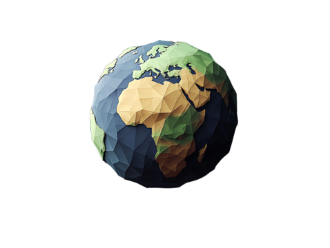 Low poly earth globe model isolated on transparent background
