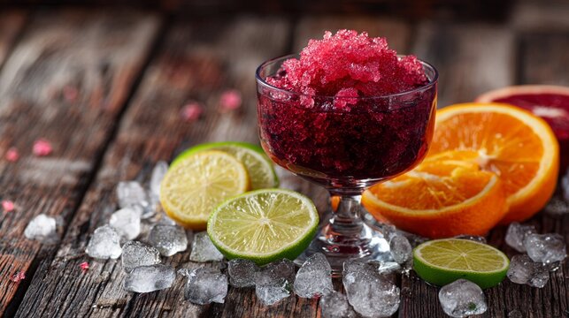 Vibrant red granita in a crystal glass, surrounded by fresh citrus fruits and ice cubes on a rustic wooden background, promising a refreshing summer treat.