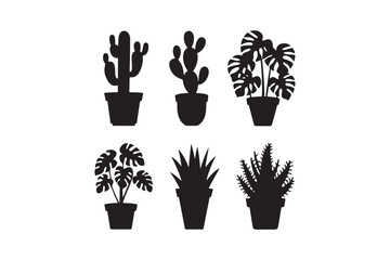 Silhouettes of various potted houseplants including cacti and leafy plants