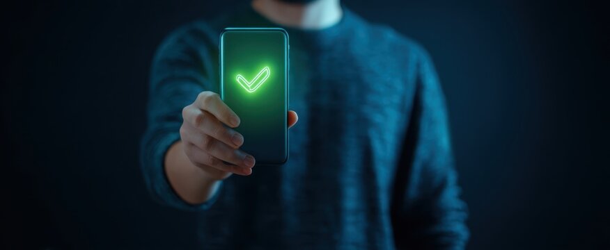 The smartphone displaying a glowing green checkmark in a dark environment.