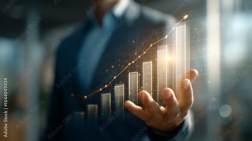 Poster man in suit holding digital graph showing upward trend with glowing particles and line in hand