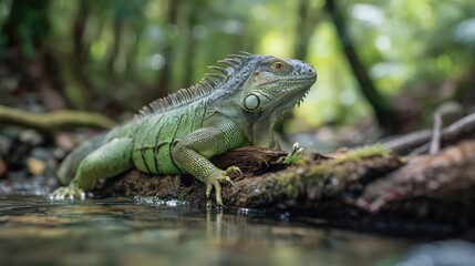 Obraz premium Large green iguana sunning on fallen log near crystal clear tropical stream, dappled sunlight through canopy, shot with 70mm lens, rich jungle color palette with professional nature color correction, 