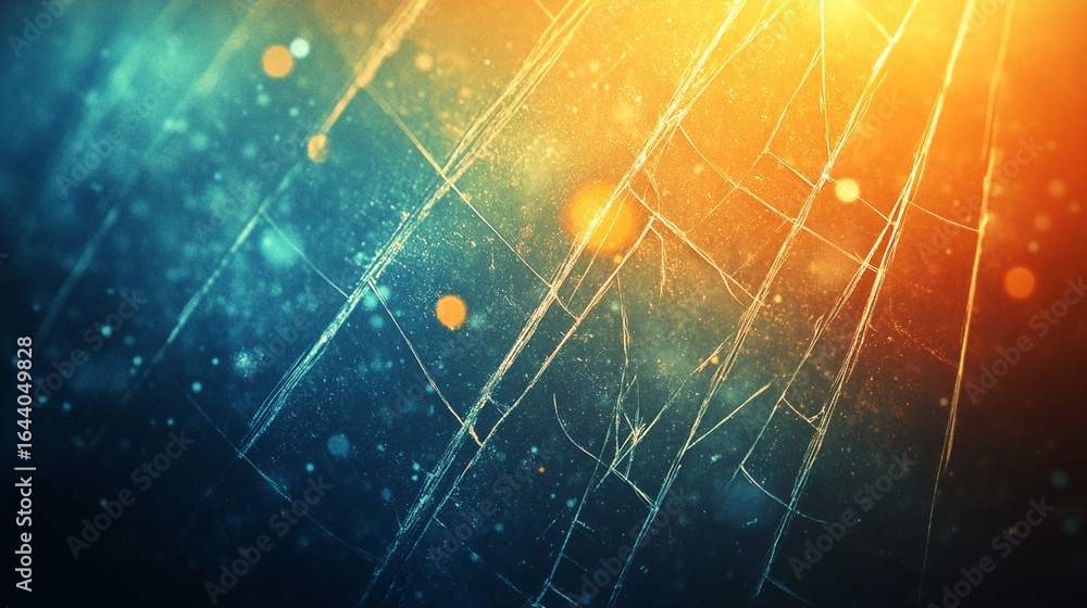 Poster shattered glass texture with vibrant blue and orange gradient, creating a dynamic abstract backgroun
