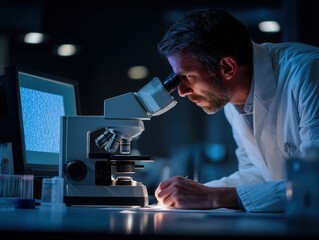 Materials engineer examining new composite materials using electron microscope, advanced testing equipment and material samples, controlled laboratory lighting with microscope display illumination, sh