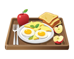 Healthy Breakfast with Scrambled Eggs, Bread, and Sliced Apples - Vector Illustration