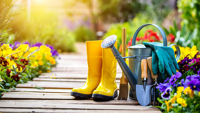 Gardening tools and bright yellow rain boots on a wooden pathway with colorful flowers in a sunny garden landscape