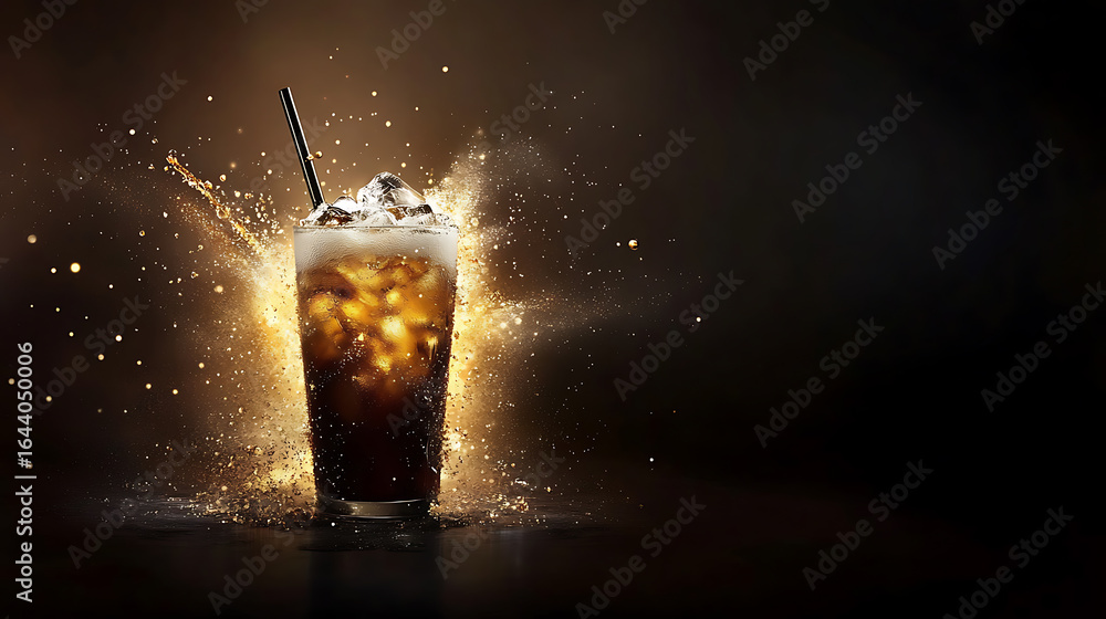 Poster refreshing cola drink with ice cubes in a glass, accompanied by a splash effect and a black straw ag